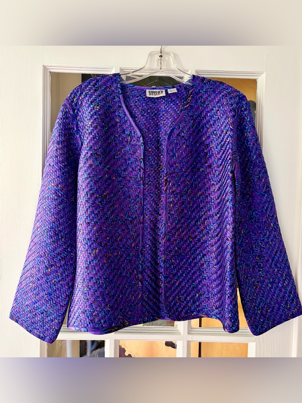 Chico’s Design Woven Purple Silk Open Front Jacket Womens SZ 1 Medium